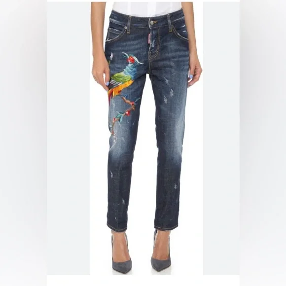 パンツ Dsquared Pants With Embroidery Dsquared2 Navy Blue Birds Embroidered Denim Distressed Sexy